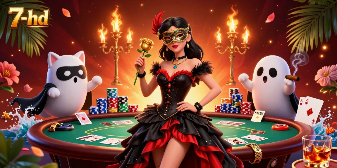 Enjoy thrilling poker gameplay at 7-hd with a captivating woman in a dramatic gown and fiery casino elements.