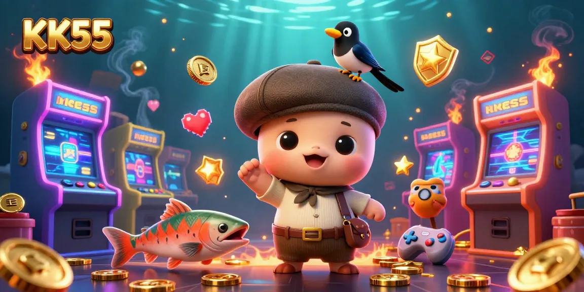 KK55 offers thrilling casino adventures with a playful cartoon baby Nessie and gold-obsessed magpie in a vibrant game setting.