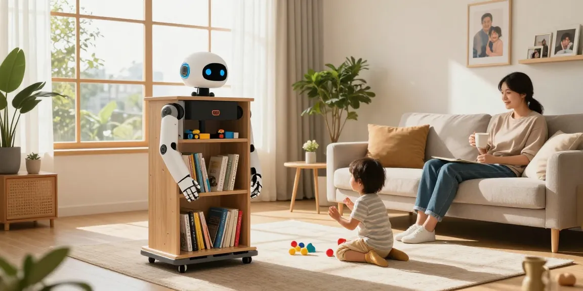 Home robot assisting a family in a modern living room, creating a clean and organized space.