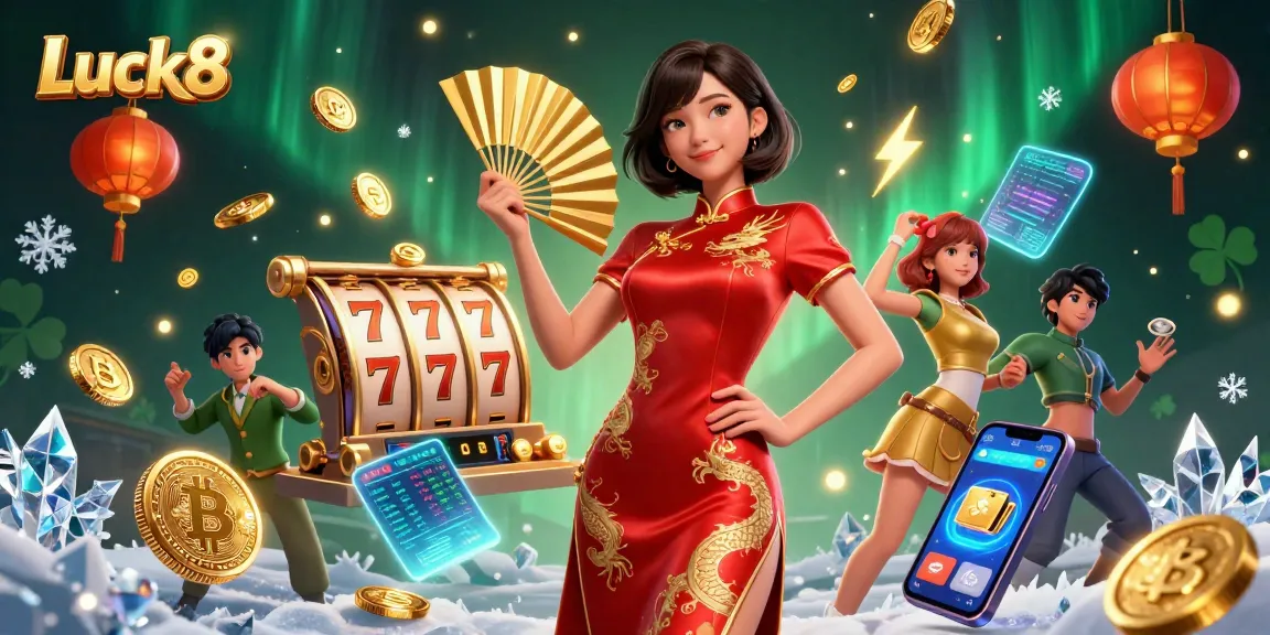 Luck8 interactive casino scene featuring an Asian woman in traditional attire amidst floating coins and blockchain elements.