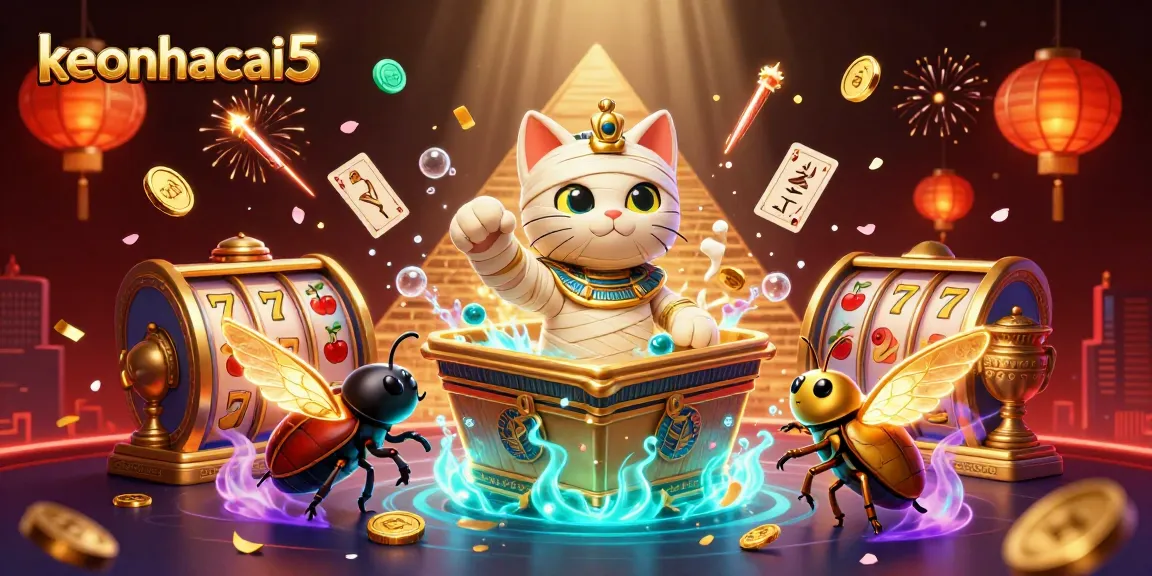 Experience the thrill of keonhacai5 with this vibrant and dynamic casino illustration featuring an Egyptian mummy cat.