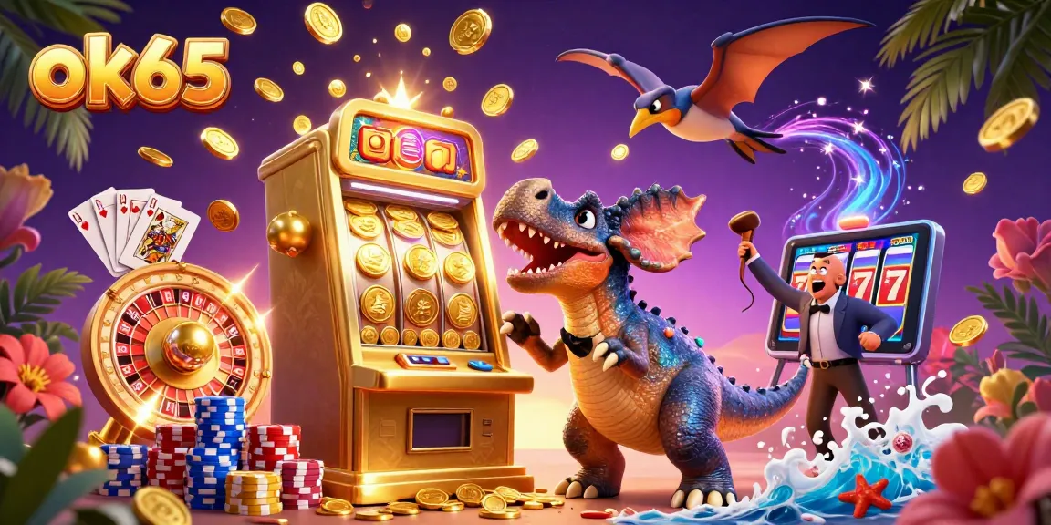 Spin the jackpot with ok65 as creatures celebrate a casino win in a colorful 3D rendering.