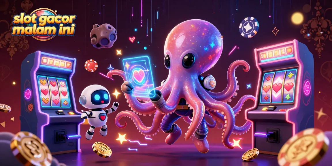 Play exciting slot gacor malam ini with a futuristic alien octopus and a robot companion in a dynamic casino setting.