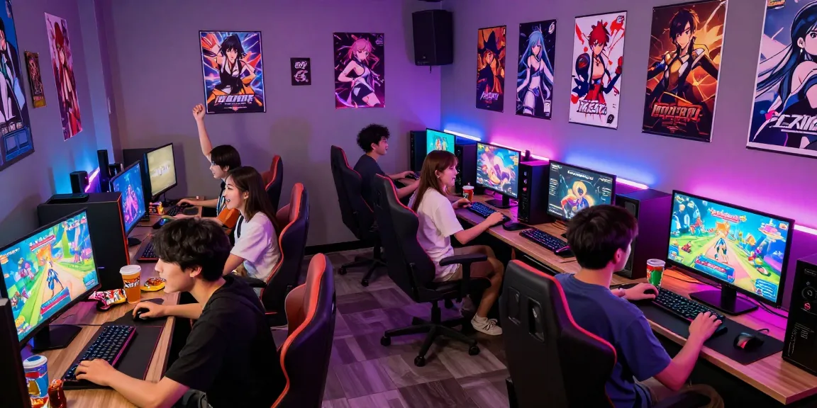 Dynamic gaming lounge featuring players enjoying hentai games html on multiple devices with vibrant screens and engaging characters.