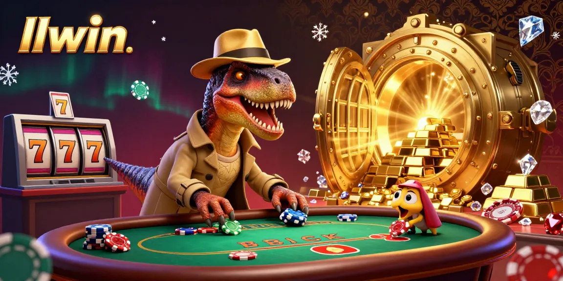 llwin offers a thrilling experience with vibrant gambling action at a blackjack table featuring playful dinosaur characters.