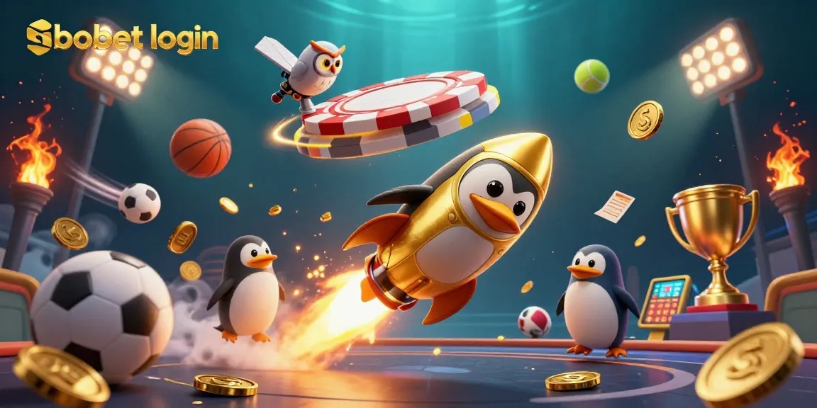 Engage with sbobet login in an exciting scene featuring sports betting elements and a golden penguin.