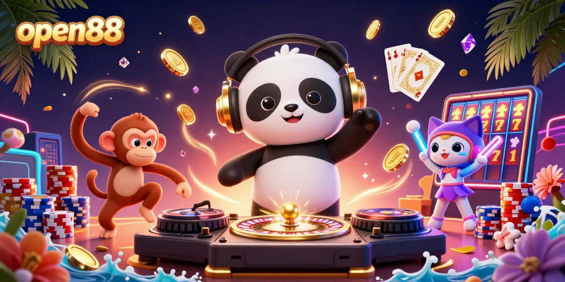 Enhance your gaming experience with open88, featuring 3D characters and vibrant casino elements.