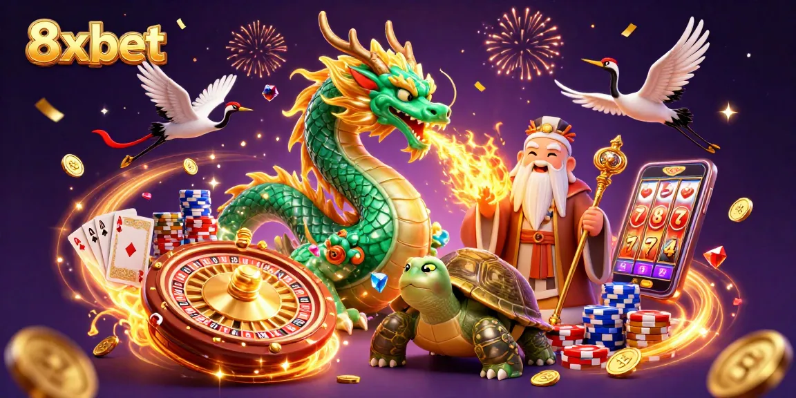 Experience thrilling gaming action with 8xbet's vibrant casino scene featuring lucky symbols and excitement.