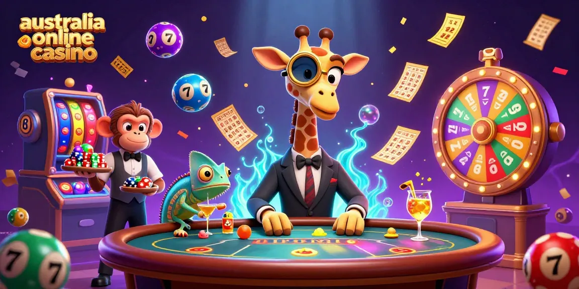 Engaging scene showcasing a high-roller giraffe and characters in an australia online casino atmosphere amid dynamic gaming elements.
