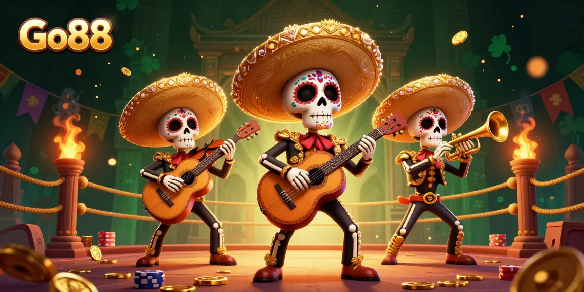 Join the vibrant Go88 mariachi band in a lively casino atmosphere featuring gold coins and betting tokens.