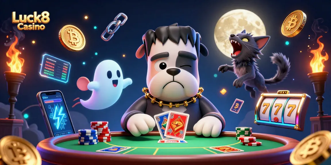 Experience thrilling poker action at Luck8 Casino with a dynamic 3D monster dealer illustration.