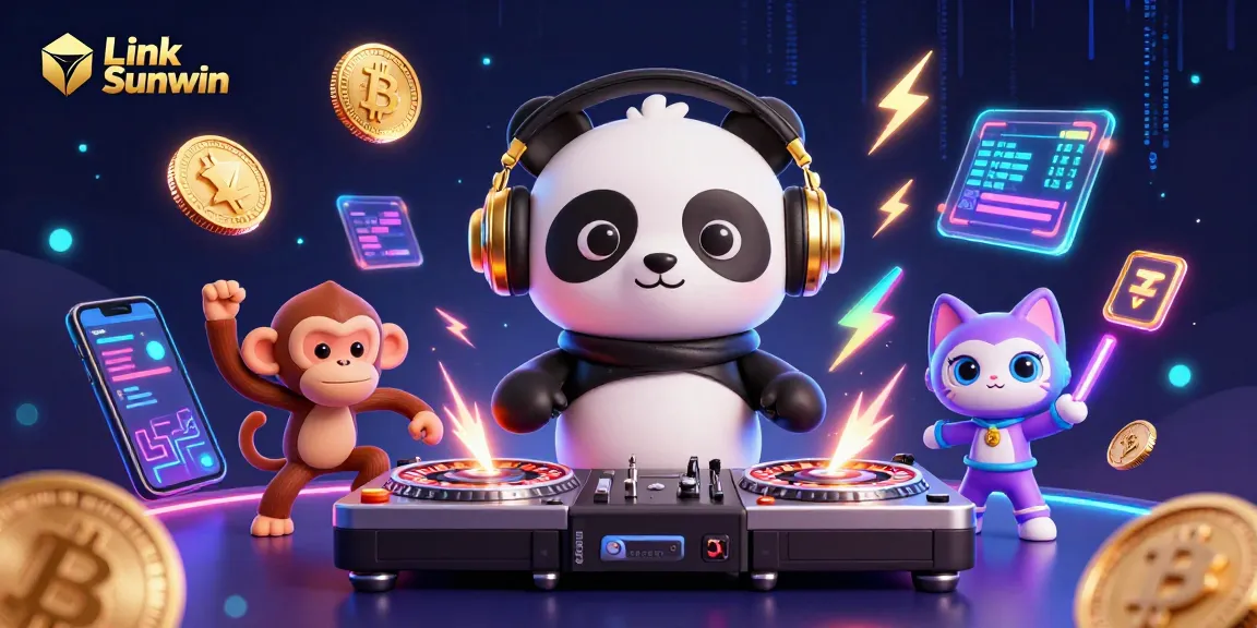 Engage with Link Sunwin, featuring a DJ panda spinning roulette turntables and vibrant characters.