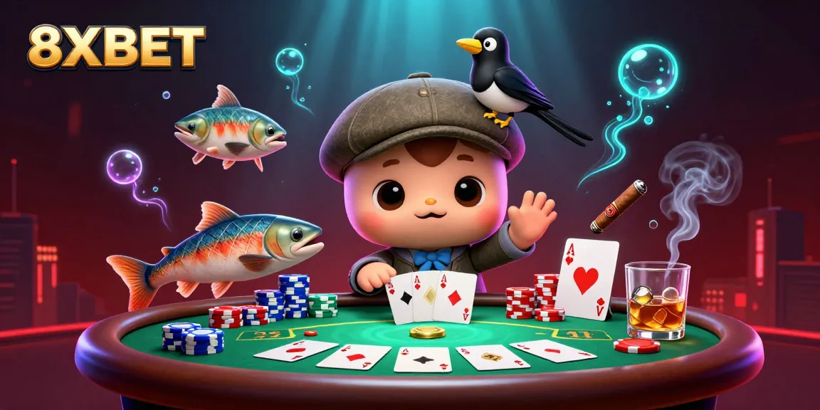 Experience dynamic gambling fun at 8XBET with colorful casino elements and characters.