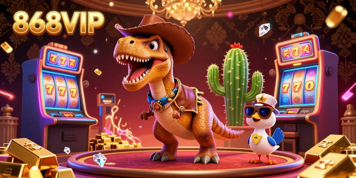 Experience the thrill of winning big at 868VIP with vibrant slot machines, gold bars, and characters in this exciting illustration.