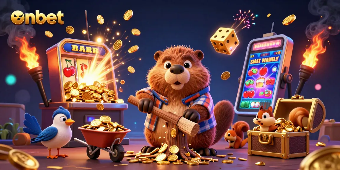 Experience thrilling wins at onbet with a lively illustration of a beaver and friends in a vibrant casino scene.