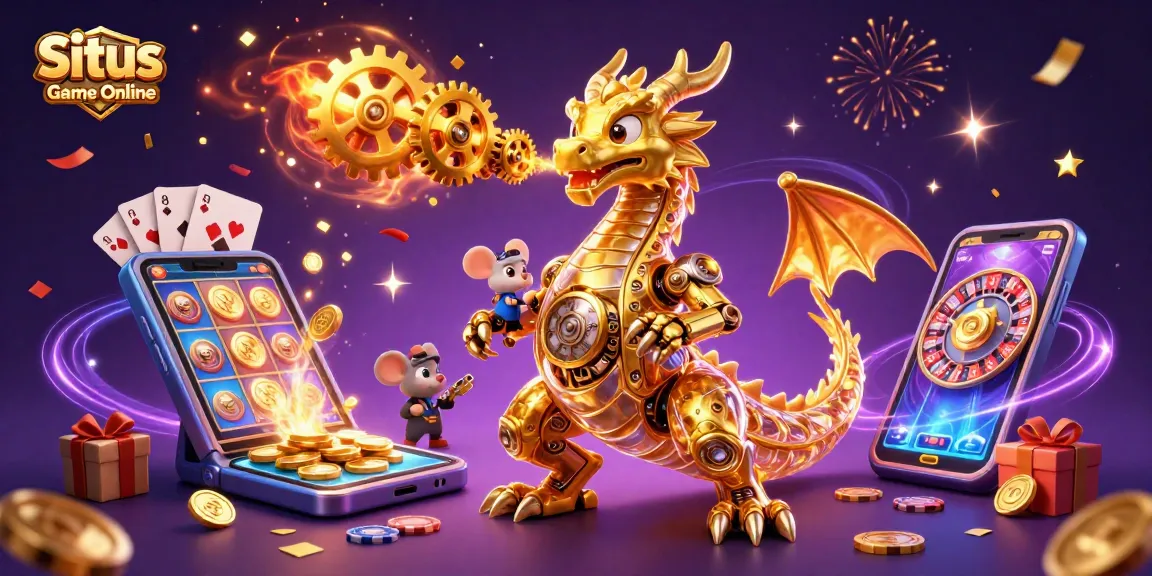 Experience thrilling gameplay with Situs Game Online featuring animated dragon and slot elements.