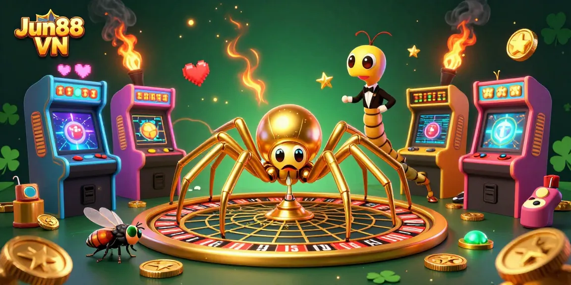 Experience thrilling gameplay at Jun88 VN with a cartoon spider dealer managing bets in a glowing casino