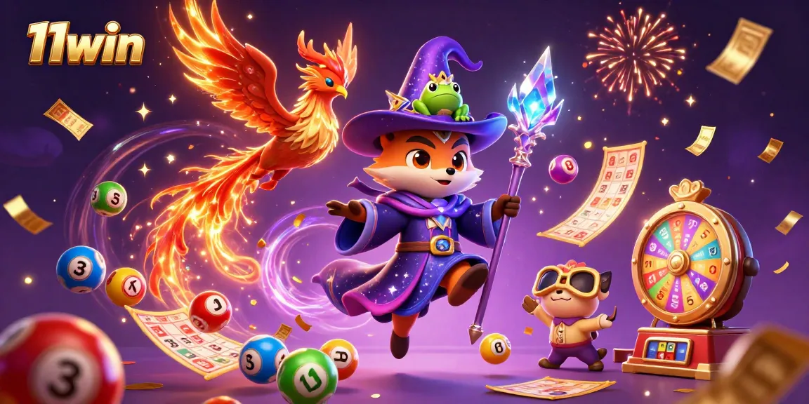 Engage with thrilling lottery excitement at 11win, featuring vivid illustrations of magical gaming elements.