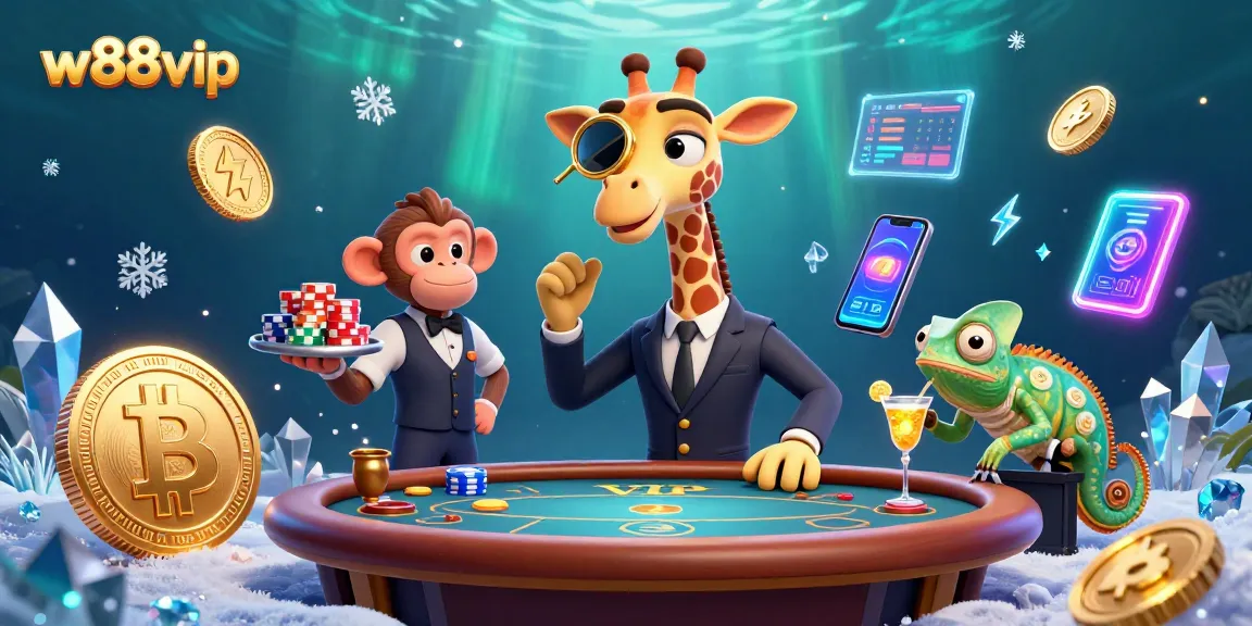 Engage with w88vip at a vibrant casino scene featuring a high-roller giraffe and dynamic gaming elements.