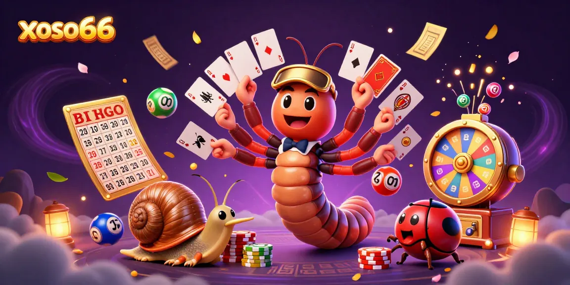 Engage in thrilling games at xoso66 with a cartoon millipede dealer, colorful lottery balls, and vibrant casino ambiance.