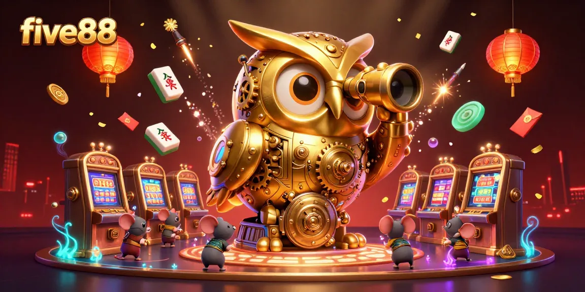 Engage with the captivating five88 casino scene featuring a clockwork owl and bustling patrons.