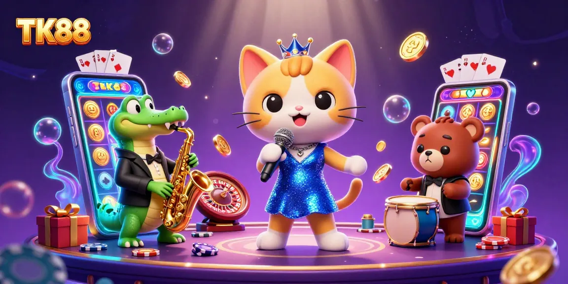 Experience the thrill of winning at TK88 with a lively cartoon jazz singer, a saxophone-playing crocodile, and a drum-playing bear.