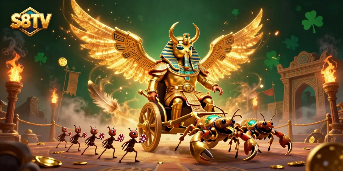S8TV offers dynamic online sports betting with a powerful golden scarab theme and vibrant casino elements.