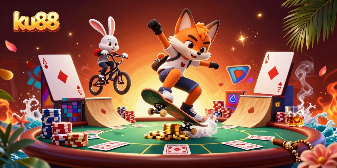 Engage with ku88's vibrant casino action, featuring playful characters and dynamic gaming elements.