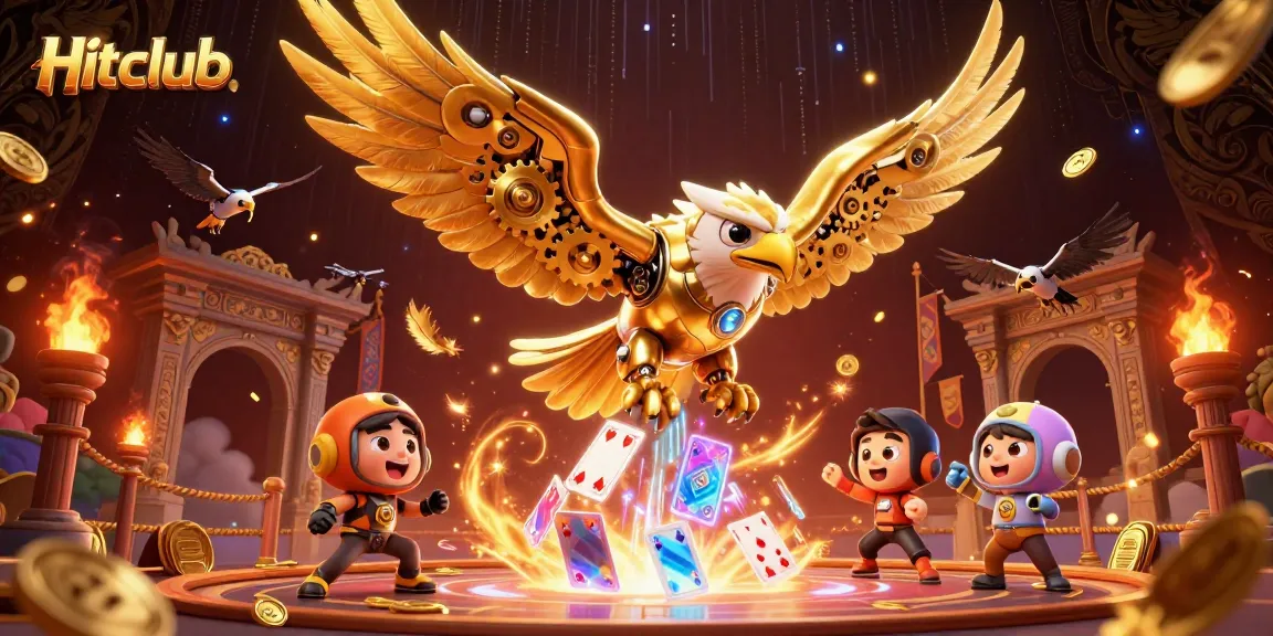 Hitclub elevates your game with a dynamic scenerio of a cybernetic golden eagle amidst holographic cards and energetic effects.