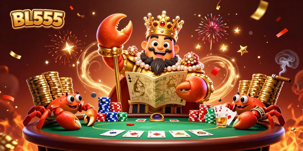 Experience thrilling gameplay at BL555 with the golden crab emperor leading a poker showdown.