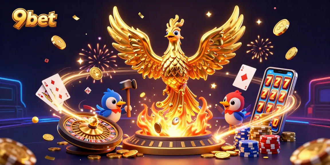 Win big with 9bet in an ultra-detailed casino scene filled with golden phoenix and games