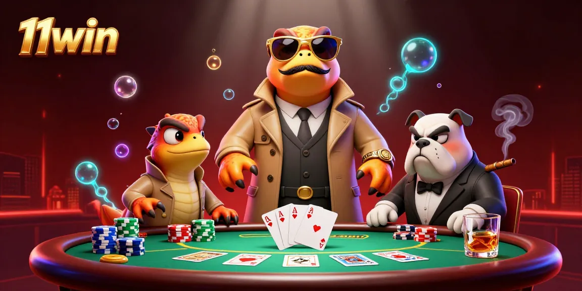 Engage with 11win's vibrant casino scene featuring playful raptors and poker elements.