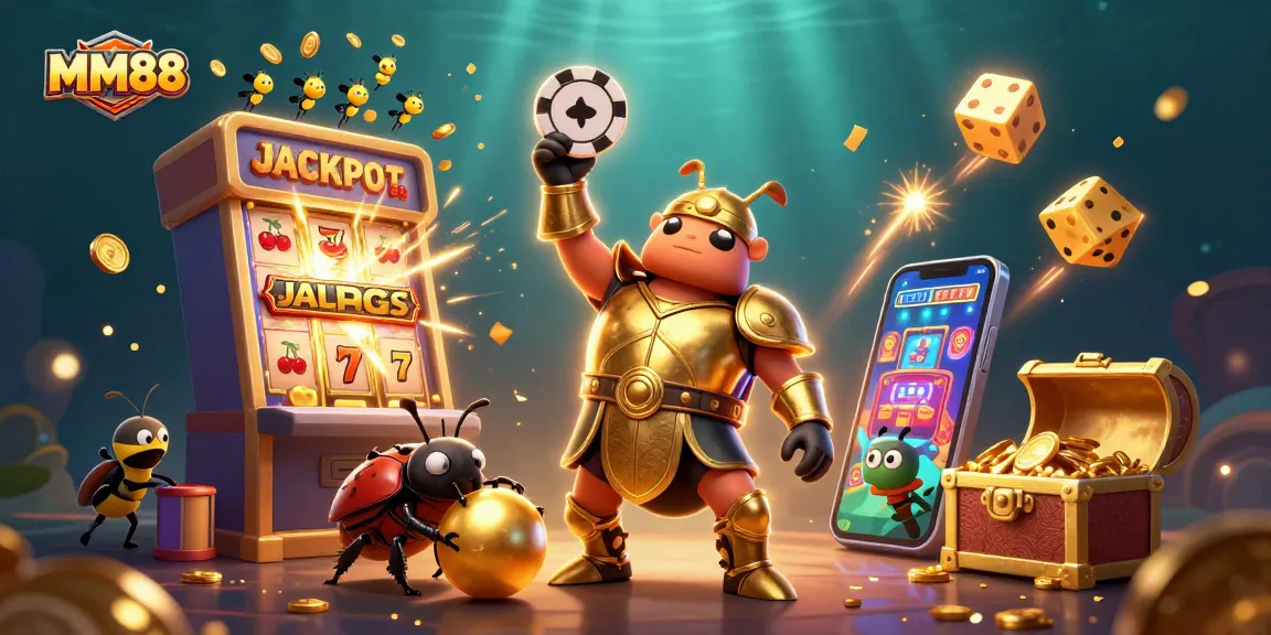 Engage with MM88 at the ultimate casino victory featuring a beetle winning a poker chip amidst a jackpot explosion.