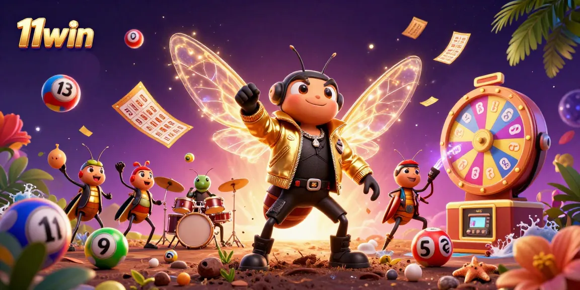 11win's vibrant lottery scene featuring buzzing cicadas and iconic game elements for gamblers.