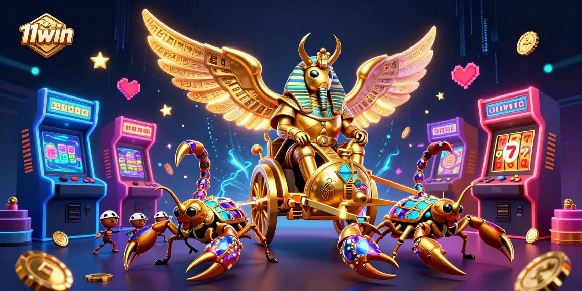 Engage in thrilling gameplay with 11win's colossal golden scarab beetle on a vibrant casino scene.