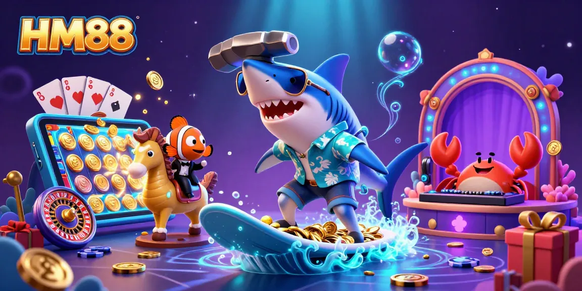 HM88's thrilling underwater casino featuring a shark, clownfish, and crab in a vibrant, colorful environment.