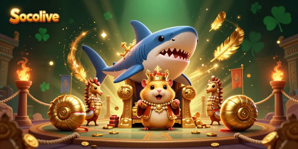 Socolive captivates with an intense gaming scene featuring a golden hamster king on a megalodon throne surrounded by dynamic elements.