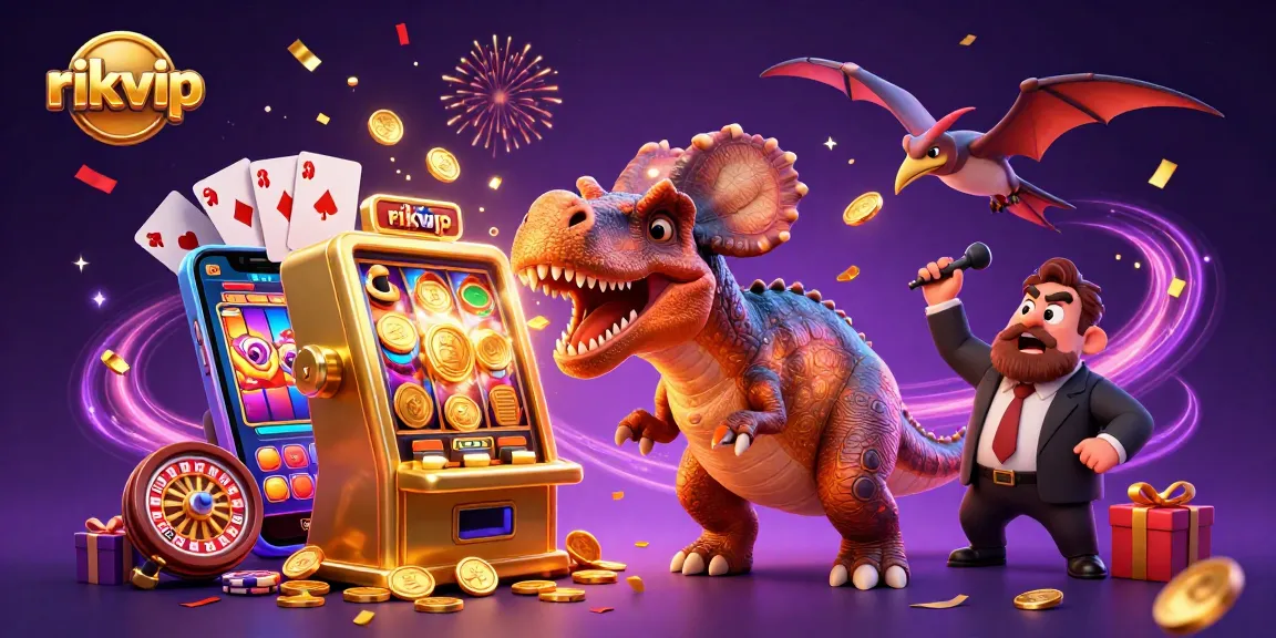 rikvip slot machine features a dinosaur winning coins in a vibrant casino scene