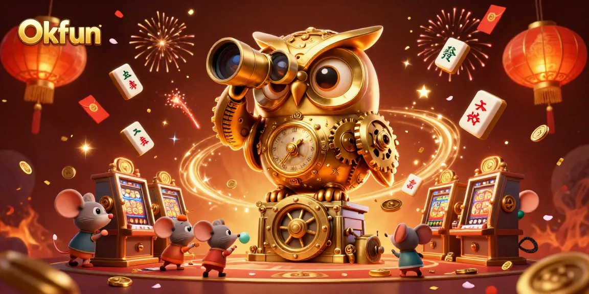 Experience casino excitement with Okfun, featuring a golden owl and charming mice amidst vibrant gaming elements.
