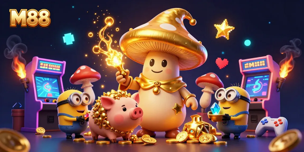 M88 showcases a whimsical gaming scene with a golden wizard, treasure-seeking pig, and animated gaming elements.