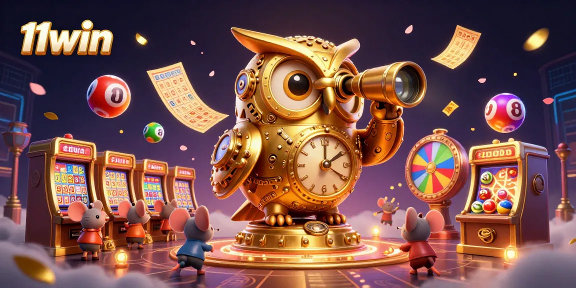 Engage with 11win as colorful lottery balls bounce joyfully amidst a whimsical casino scene.