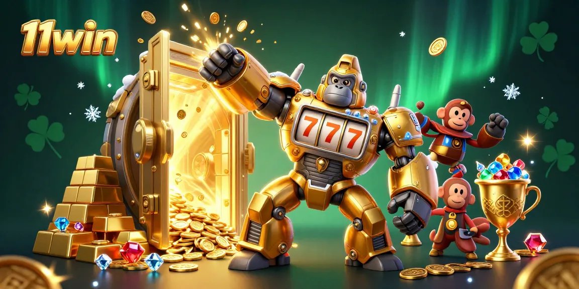 Experience the thrill of 11win with a dynamic casino-themed 3D illustration showing a powerful mech and treasures.