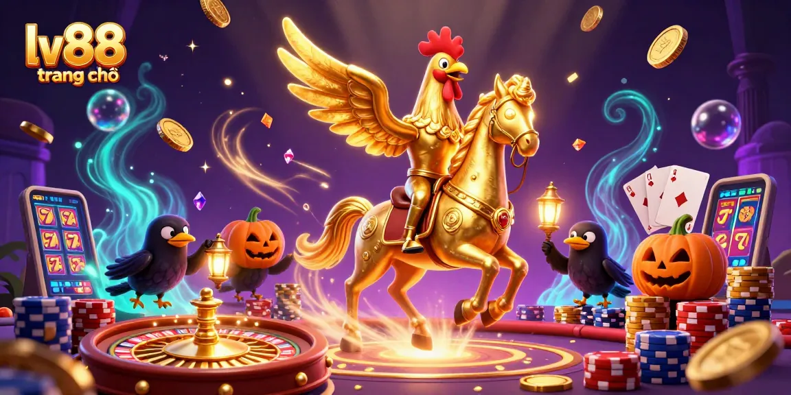 Experience the excitement of lv88 trang chủ with golden rooster characters amidst a vibrant casino scene.