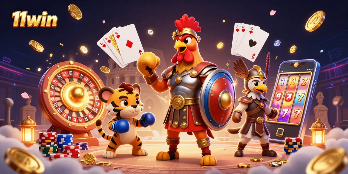 Engage with 11win’s vibrant casino scene featuring a rooster, tiger cub, and interactive gaming elements.