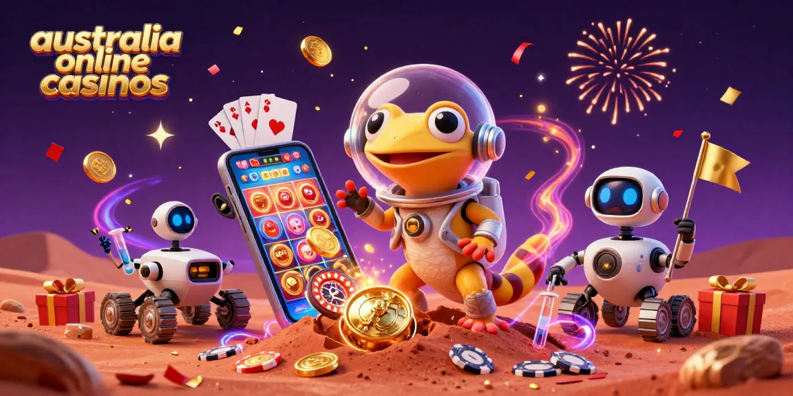 Experience the excitement of australia online casinos with a Martian gecko discovering a golden casino in vibrant colors.