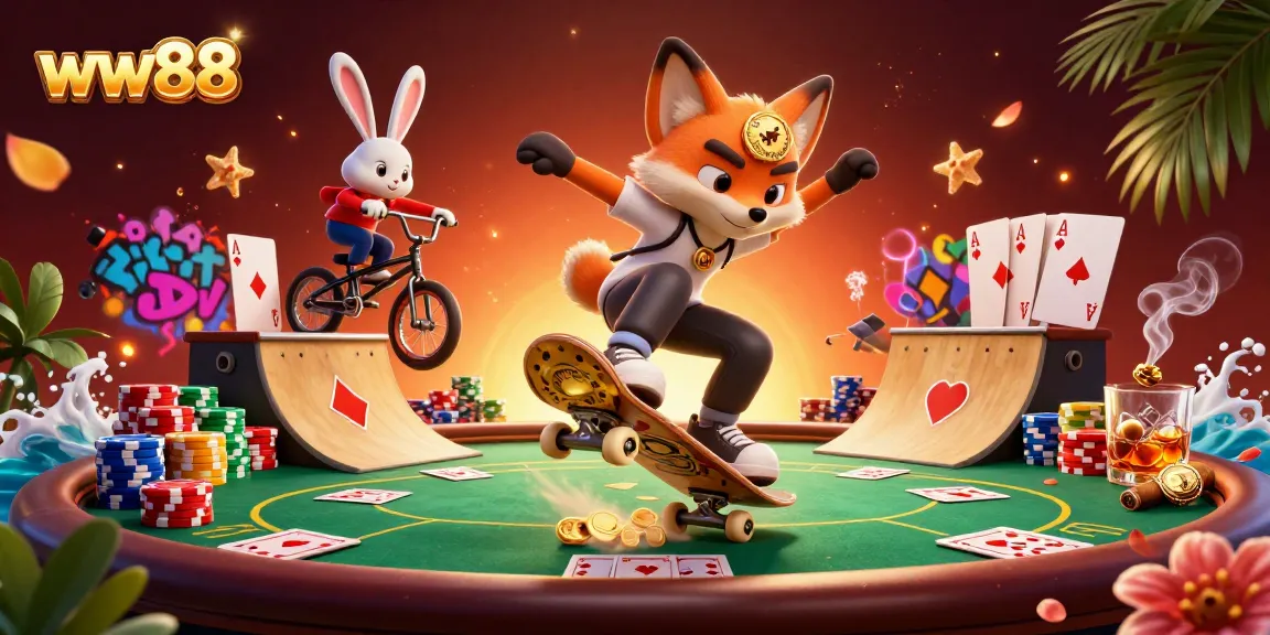 Experience thrilling gameplay with ww88 as a skateboarder fox kicks over poker chips.