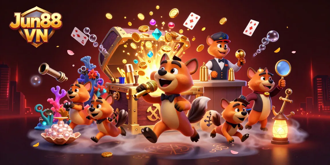 Engage with the thrilling atmosphere of Jun88 VN's entertainment club featuring hyenas in a vibrant casino scene.